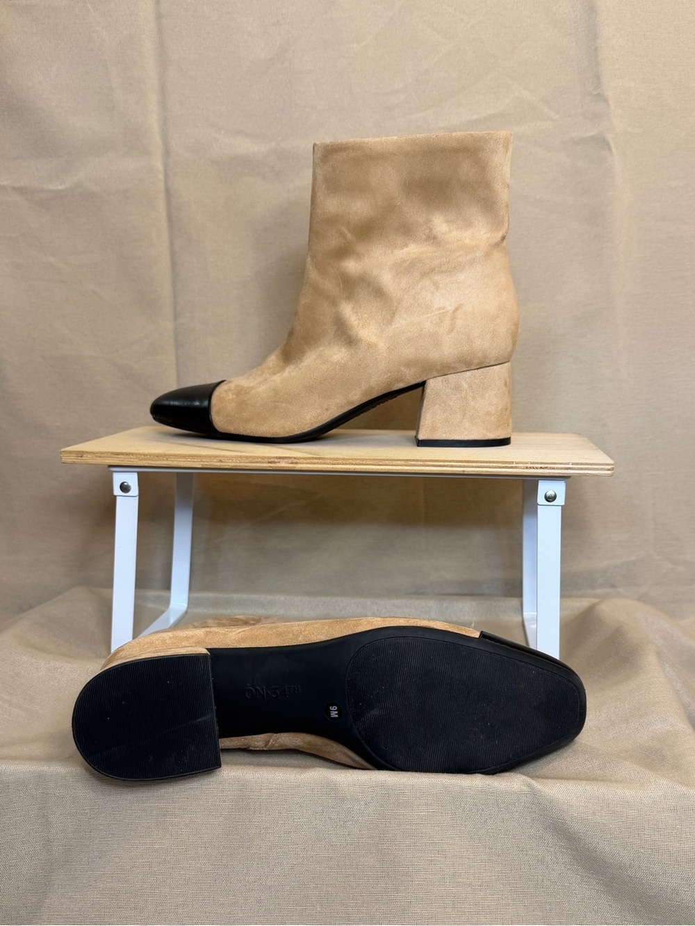 Two-Tone Beige Suede Ankle Boots with Black Cap Toe - Picture 5 of 5